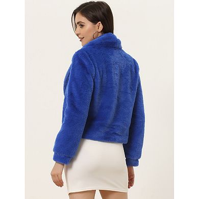 Women's Notched Lapel Long Sleeves Open Front Fleece Cropped Coat