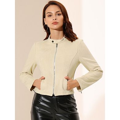 Women's Faux Suede Stand Collar Zip Up Cropped Motorcycle Jacket