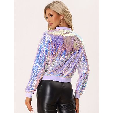 Women's Glitter Cropped Long Sleeve Zipper Bomber Jacket