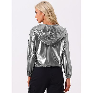 Women's Shiny Long Sleeve Zipper Hooded Metallic Jacket