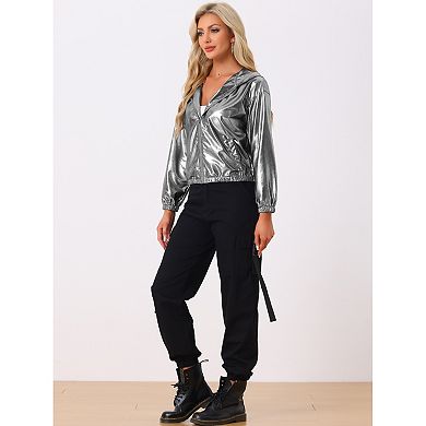 Women's Shiny Long Sleeve Zipper Hooded Metallic Jacket