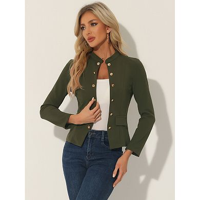 Women's Vintage Stand Collar Open Front Button Decor Casual Blazer Jacket