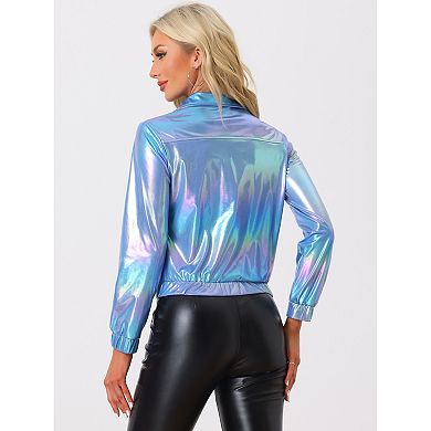 Women's Metallic Shiny Long Sleeve Zip Front Short Track Jacket