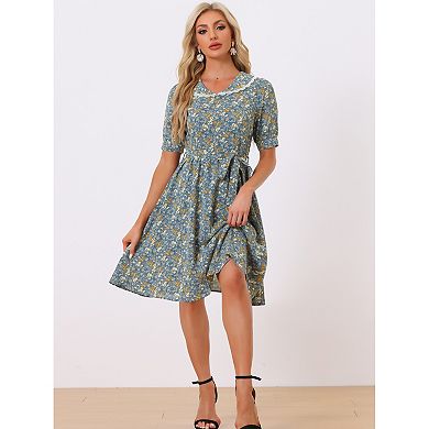 Women's Peter Pan Collar A-line Flowy Midi Chiffon Floral Dress