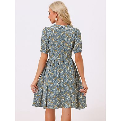 Women's Peter Pan Collar A-line Flowy Midi Chiffon Floral Dress