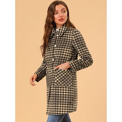 Women's Casual Plaid Turn Down Collar Mid Length Woolen Overcoat