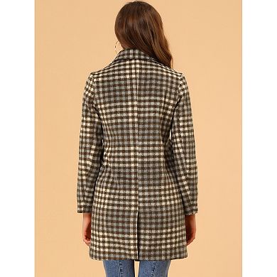 Women's Casual Plaid Turn Down Collar Mid Length Woolen Overcoat