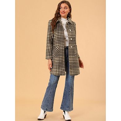 Women's Casual Plaid Turn Down Collar Mid Length Woolen Overcoat