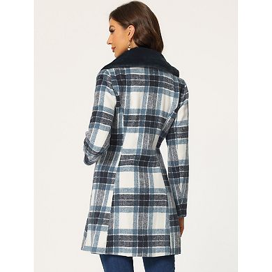 Women's Plaid Winter Faux Fur Collar Outerwear Long Coat