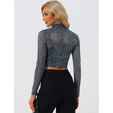 Women's Dots Stand Collar Semi Sheer Cropped Jacket