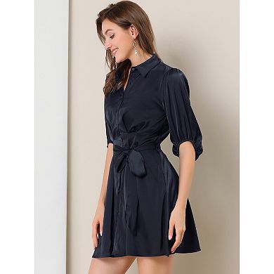 Women's Half Sleeve Solid Pleated Waist Belted Button Down Shirt Dress