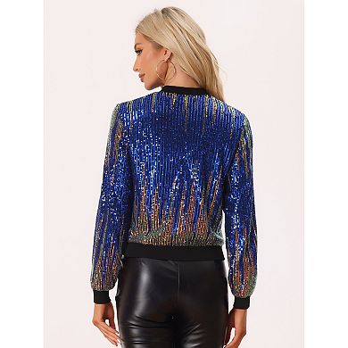 Women's Shiny Ombre Sequin Long Sleeve Zipper Bomber Short Jacket