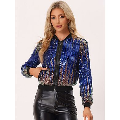 Women's Shiny Ombre Sequin Long Sleeve Zipper Bomber Short Jacket