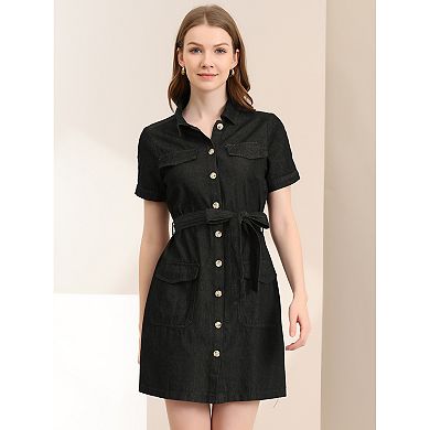 Women's Denim Dress Belted Full Placket Jean Dresses