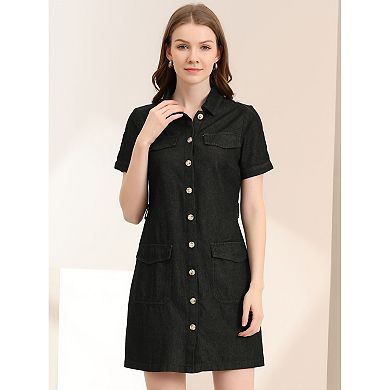 Women's Denim Dress Belted Full Placket Jean Dresses