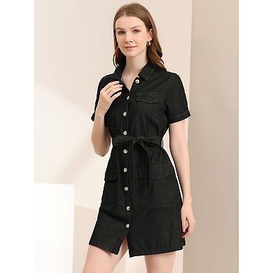 Women's Denim Dress Belted Full Placket Jean Dresses