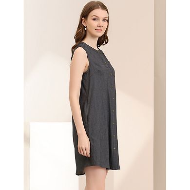 Women's Sleeveless Shirtdress With Pockets Button Up Chambray Dresses