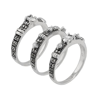 Lavish by TJM Sterling Silver Cubic Zirconia and Marcasite 3-Piece Stack Ring Set