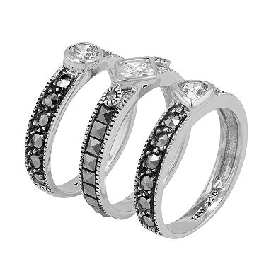 Lavish by TJM Sterling Silver Cubic Zirconia & Marcasite 3-Piece Stack Ring Set
