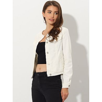 Women's Button Down Collarless Long Sleeve Cropped Denim Jacket