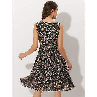 Women's Summer Floral Print A-line Knee Length Sleeveless Pleated Dress