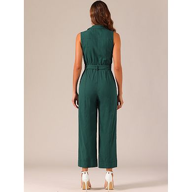 Women's Ankle Tie Waist Workwear Button Front Sleeveless Jumpsuit