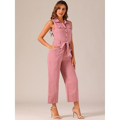 Women's Ankle Tie Waist Workwear Button Front Sleeveless Jumpsuit