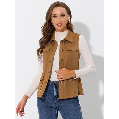Women's Rustic Sleeveless Jacket Button Up Faux Suede Utility Anorak Cargo Vest