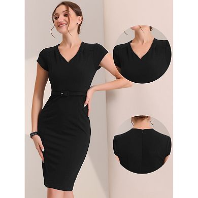 Bodycon Dress for Women's V Neck High Waist Cap Sleeve Sheath Dress