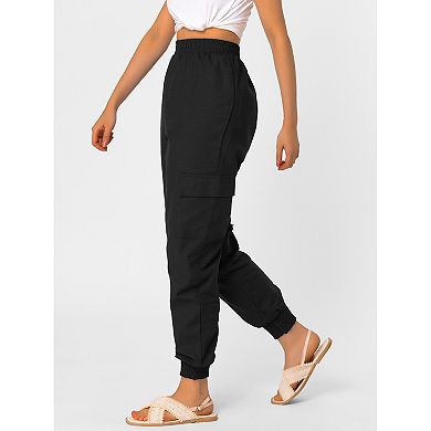 Women's Elastic Waist Ankle Length Casual Cargo Pants with Pockets