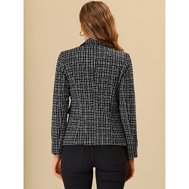 Women's Notched Lapel Long Sleeve Open Front Plaid Tweed Blazer