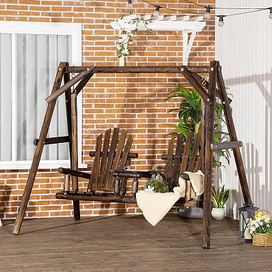 Freestanding Wood Adirondack Swing Rustic Farmhouse Style With Center Table
