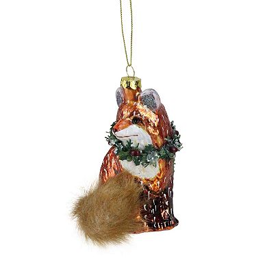4.5" Brown and Green Fox with Faux Fur Tail and Wreath Christmas Ornament