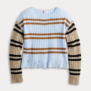 Juniors' SO® Cropped Open-Stitch Hem Crewneck Sweater