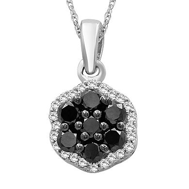 Jewelexcess Sterling Silver 1/2 Carat T.W. Black & White Diamond Halo Pendant Necklace