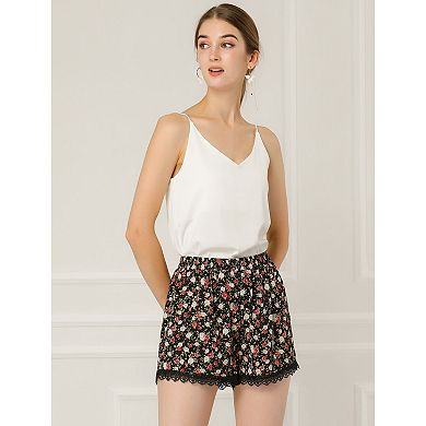 Women's Floral Printed Lace Trim Elastic Waist Shorts