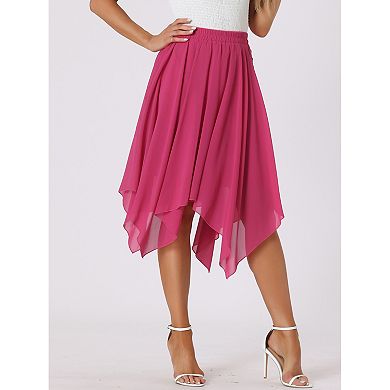 Women's Elastic Waist Chiffon Handkerchief Hem Flare Midi Skirt