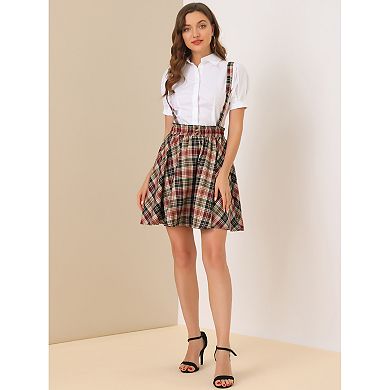 Women's Suspender Skirt Tartan Plaid Button Decor Skater Mini Skirts