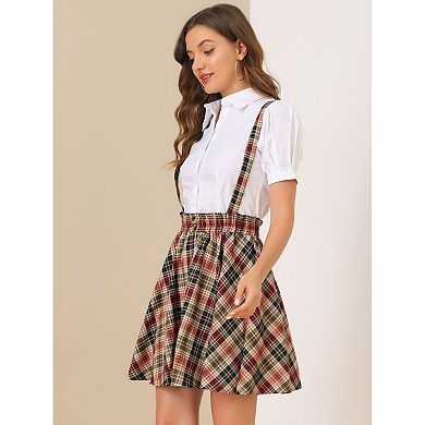 Women's Suspender Skirt Tartan Plaid Button Decor Skater Mini Skirts