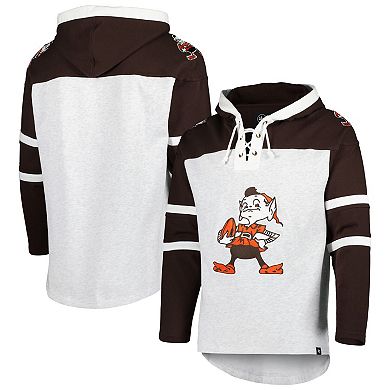 Men's '47 Cleveland Browns Heather Gray Brownie The Elf Historic Logo Gridiron Lace-Up Pullover Hoodie