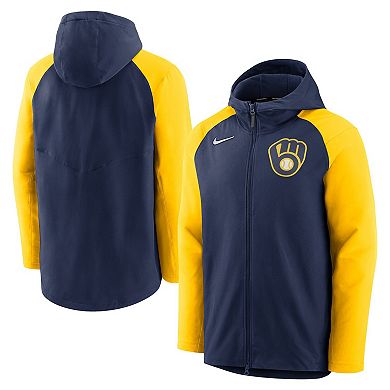 Men's Nike Navy/Gold Milwaukee Brewers Authentic Collection Performance Raglan Full-Zip Hoodie