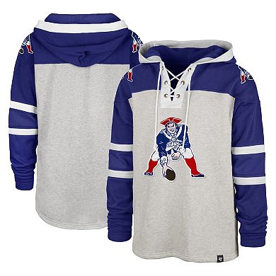 Men's '47 New England Patriots Heather Gray Historic Logo Gridiron Lace-Up Pullover Hoodie