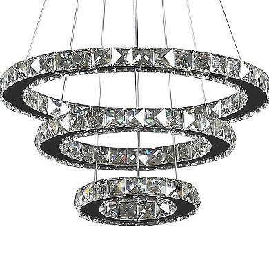 12- 47 Inch Ringed Adjustable Chandelier, 3 Circles Design, Chrome Silver