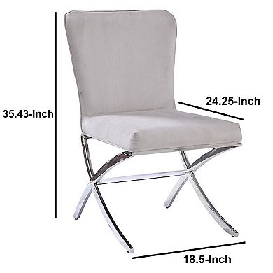Velvet Upholstered Metal Side Chair with X Style Base, Light Gray and Silver, Set of Two