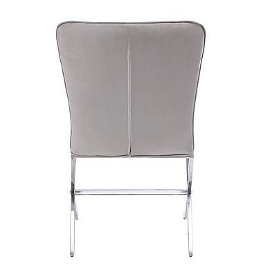 Velvet Upholstered Metal Side Chair with X Style Base, Light Gray and Silver, Set of Two