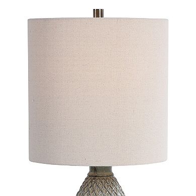 Pot Bellied Ceramic Table Lamp with Diamond Pattern, Gray