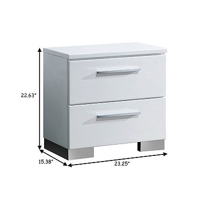 2 Drawer Wooden Nightstand with Metal Pulls, Glossy White