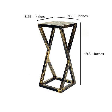 19.5 Inches Stone Top Plant Stand with Geometric Base, Black and Gray