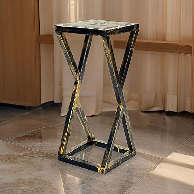 19.5 Inches Stone Top Plant Stand with Geometric Base, Black and Gray