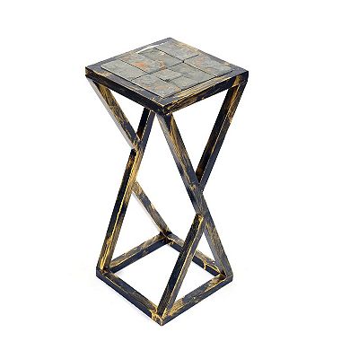 19.5 Inches Stone Top Plant Stand with Geometric Base, Black and Gray